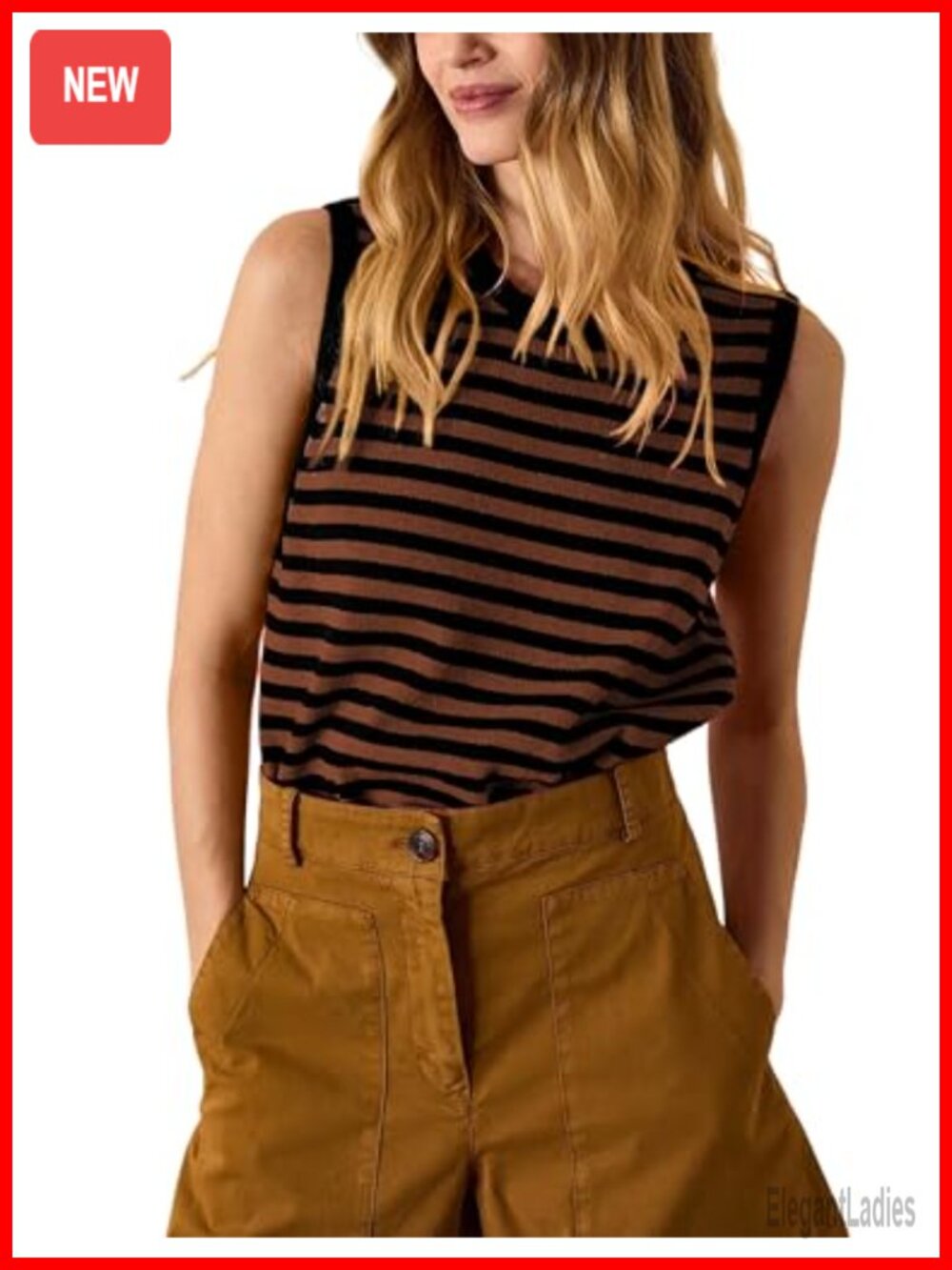 Striped Color Block Sweater Vest Ribbed Knit Tank Top Loose Fit Crewneck